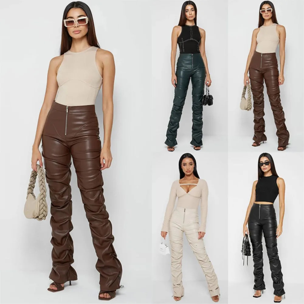 Fashion Tight PU Leather Women Pants Slim Personality Folding Micro Cropped Pants Female Four Seasons Street Wear PU Long Pants 250305