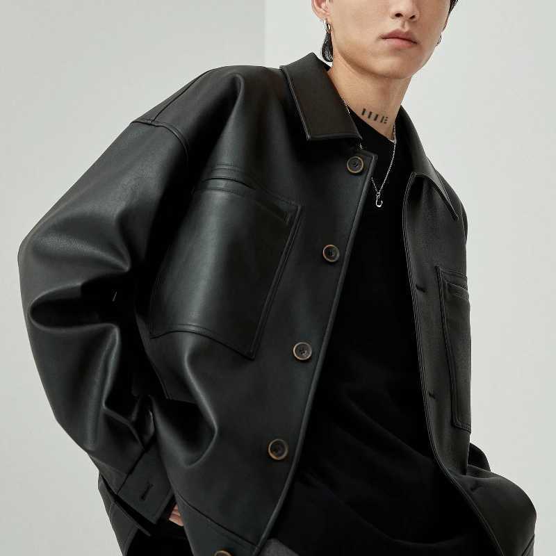Autumn Winter Fashion Turn-down Collar Long Sleeve Solid Retro Leather Jackets Mens Clothing Rib Sleeven Korean All-match TopsT250311
