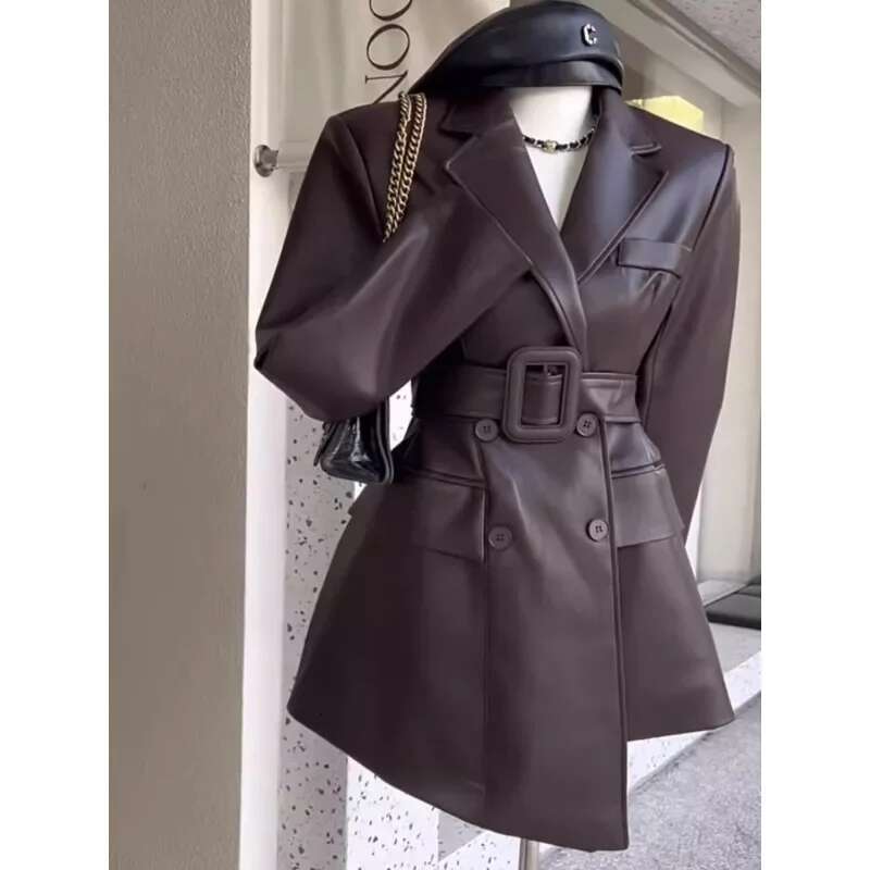 Vintage Medium-Length Coffee Color Jacket For Women Autumn Trendy Slimming Waist-Fitted V-Neck Leather Coat