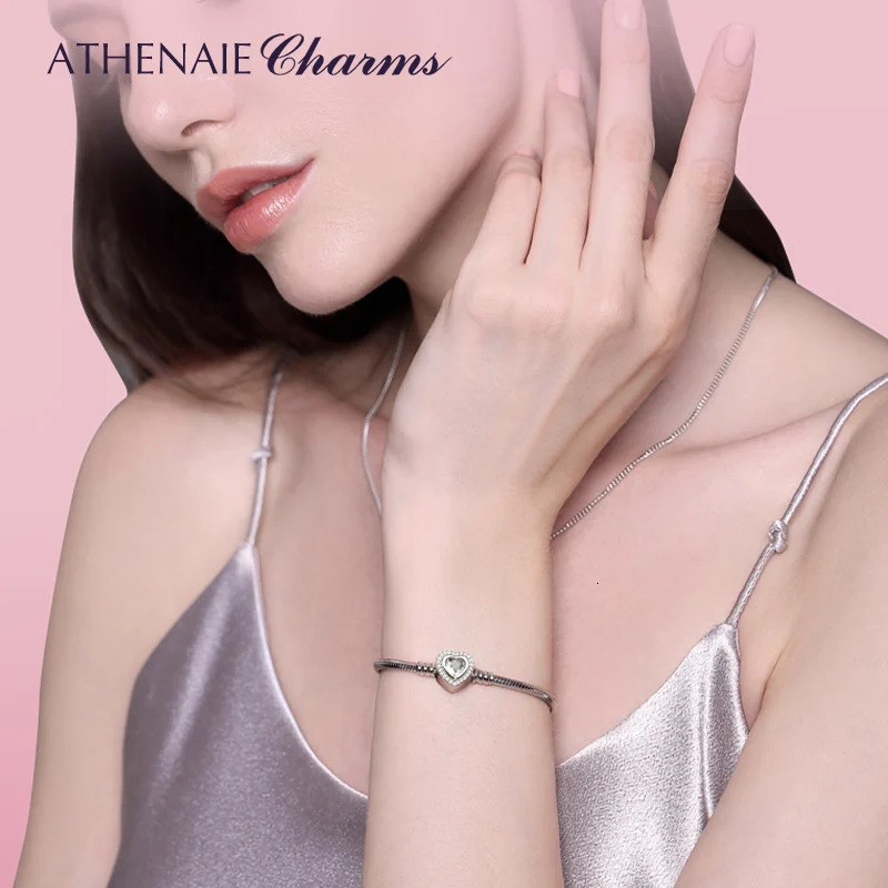 ATHENAIE 100% 925 Sterling Silver Snake Chain Bangle Bracelet with CZ Love Heart Clasp Charms Bracelets for Women 250213