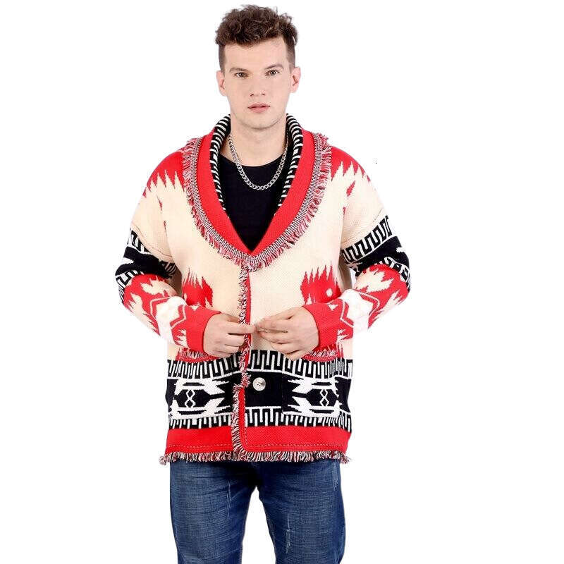 Men's New Coarse Needle Sweater, Thickened Wool Jacquard Knitted Cardigan, Niche Contrasting Color British Coat
