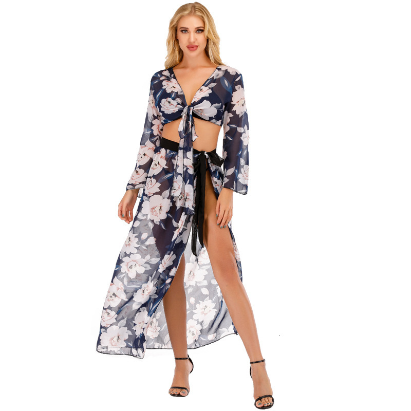 Beach Vacation Printed Long Sleeved Loose Outer Top One-Piece Skirt Bikini Cover Set