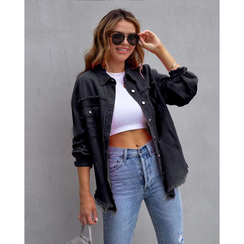 European American style medium denim jacket with frayed edges holes, women's autumn and winter long sleeved collar top, 2025 new casual fashion t
