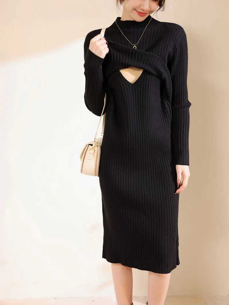 Winter Postpartum Woman Breastfeeding Dress Long Sleeve Maternity Knit Nursing Clothes Solid Color Pregnancy Lactation ClothesT250311