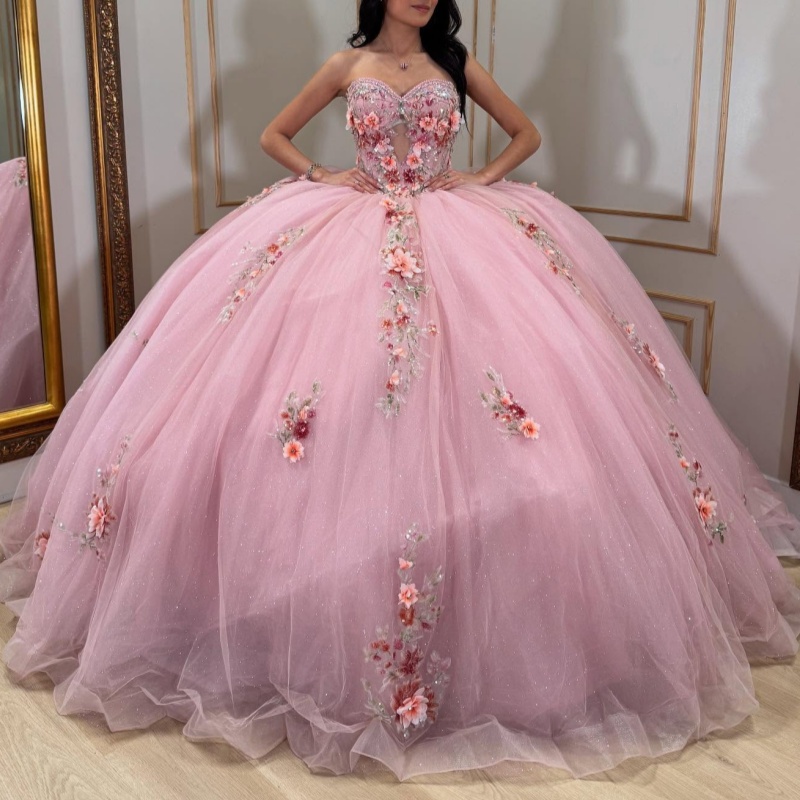 Pink Shiny Off Shoulder Quinceanera Dresses Applique Flower Beading Tull Party Birthday Sweet 16 Dress Vestidos 15 De Anos