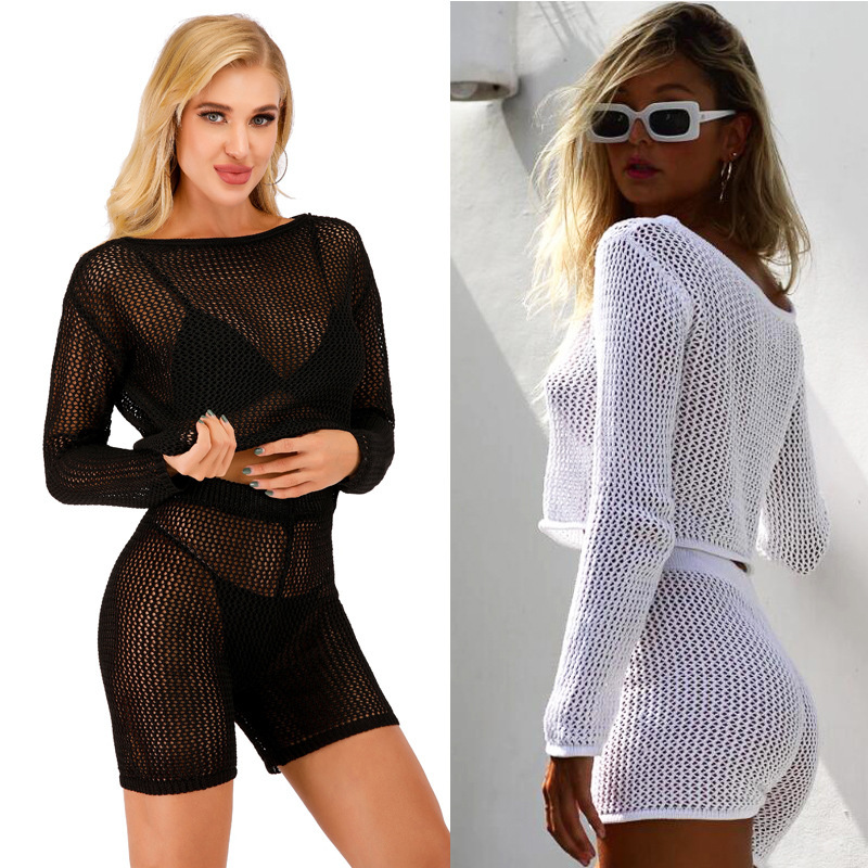 New Knitted Hollow Mesh Perspective Sexy Beach Cover Shirt Split Bikini Swimsuit Set