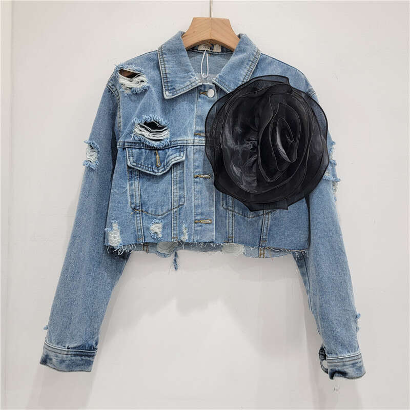 Three Dimensional Flower Fashion Tie Dye Personalized Perforated Pink Short Denim Women's Stylish Jacket
