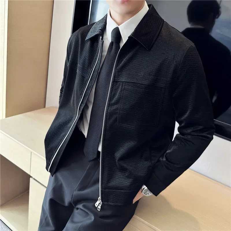 2024 Autumn Winter Front Pockets Lapel Leather Jacket Fashion Men Anti-wind Punk Motorcycle Biker Zipper Jackets PU Slim CoatsT250311