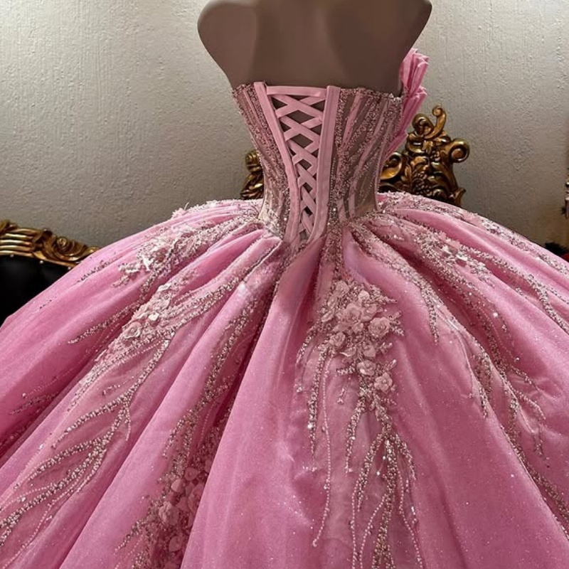 Pink Shiny Quinceanera Dresses Ball Gown Off The Shoulder Beading Crystal Tull Tiered Party Birthday Sweet 16 Dress Vestidos 15 De Anos