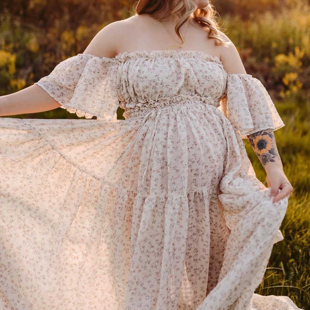 Photoshoot womens floral chiffon two-piece long sleeved and short sleeved baby shower top of the line maternity dress X250224