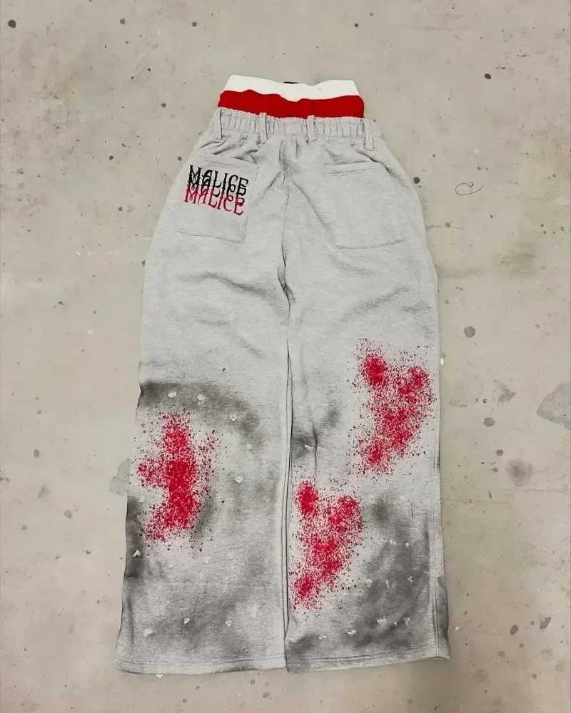 Men Street Stain Staining Hip Hop Fashion Double Waist Pants High waisted Jogger Drawstring Sweatpants Y2K Baggy Cargo TrousersT250311