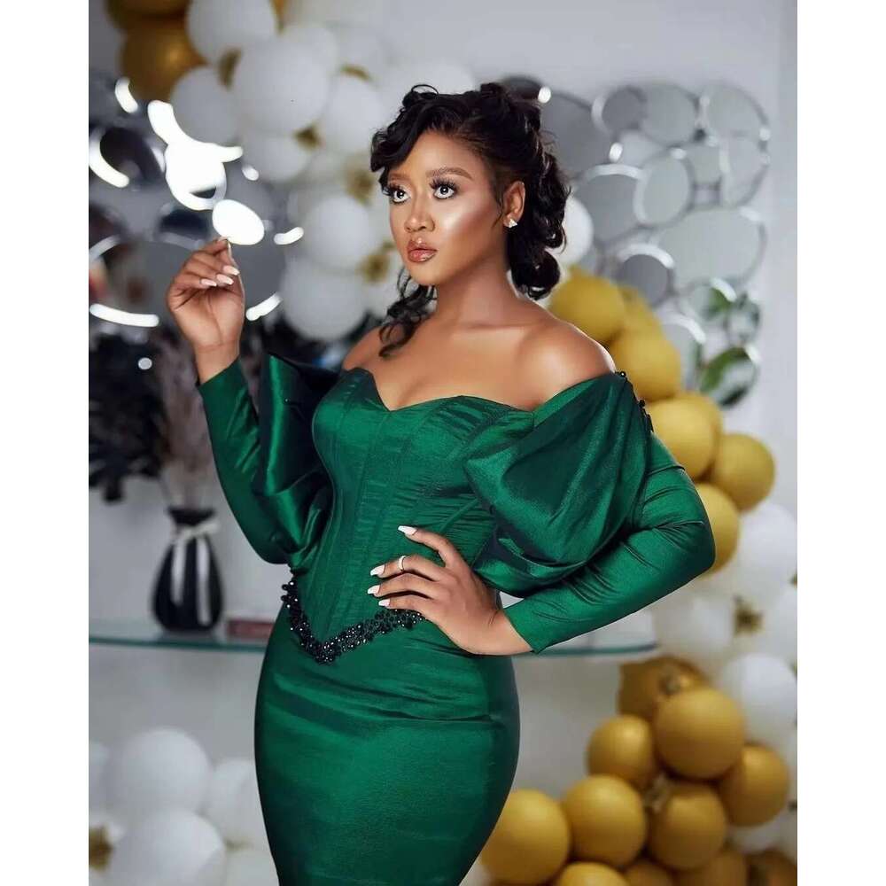 2025 Aso Ebi Dark Green Mermaid Prom Dress Off The Shoulder See Through Long Sleeves Formal Party Gowns Robe Customized