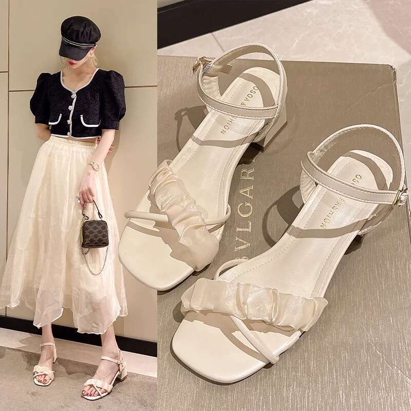 Summer Style New Casual Simple Solid Color Open Toe Buckle Strap Square Medium Heel Fashion Sandals