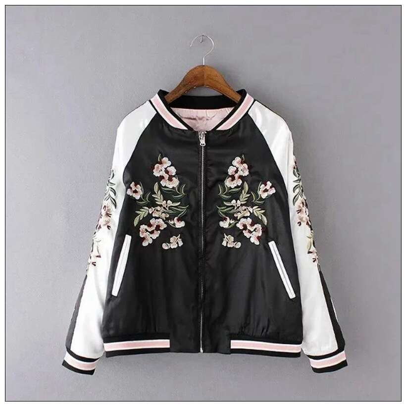 Wind, Spring And Autumn Women's Casual Wear Two Sided Flower Embroidery Colored Stand Up Neck Baseball Suit Jackets For Women