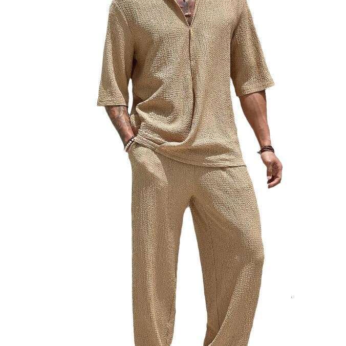 European American commuting shirt solid color short sleeved pants men's two-piece casual suit 2025 new style chic and elegant clothing