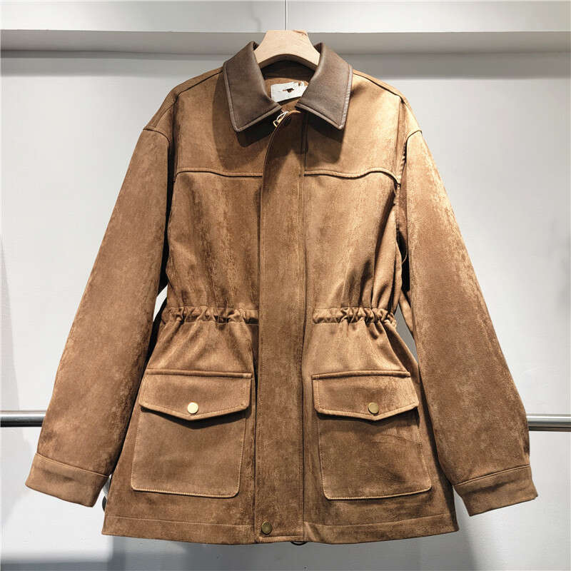 2024 Autumn New Hong Kong Edition Wind Flip Collar Zipper Loose Deer Fleece Long Sleeve Windbreaker Coat Women's Trendy
