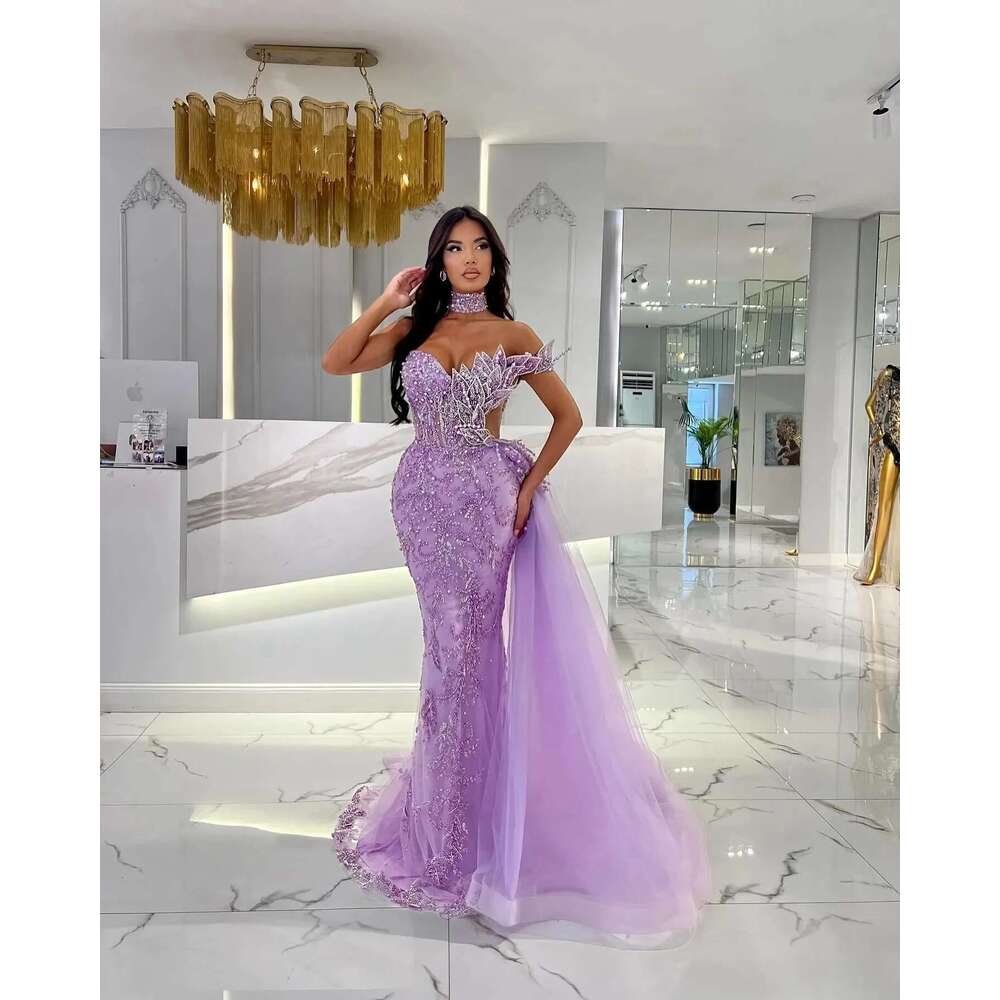 Stunning Purple Mermaid Evening Dresses, Leaf Beading, Shoulder Ball Gown, Side Train, Custom, Formal Dress, Elegant