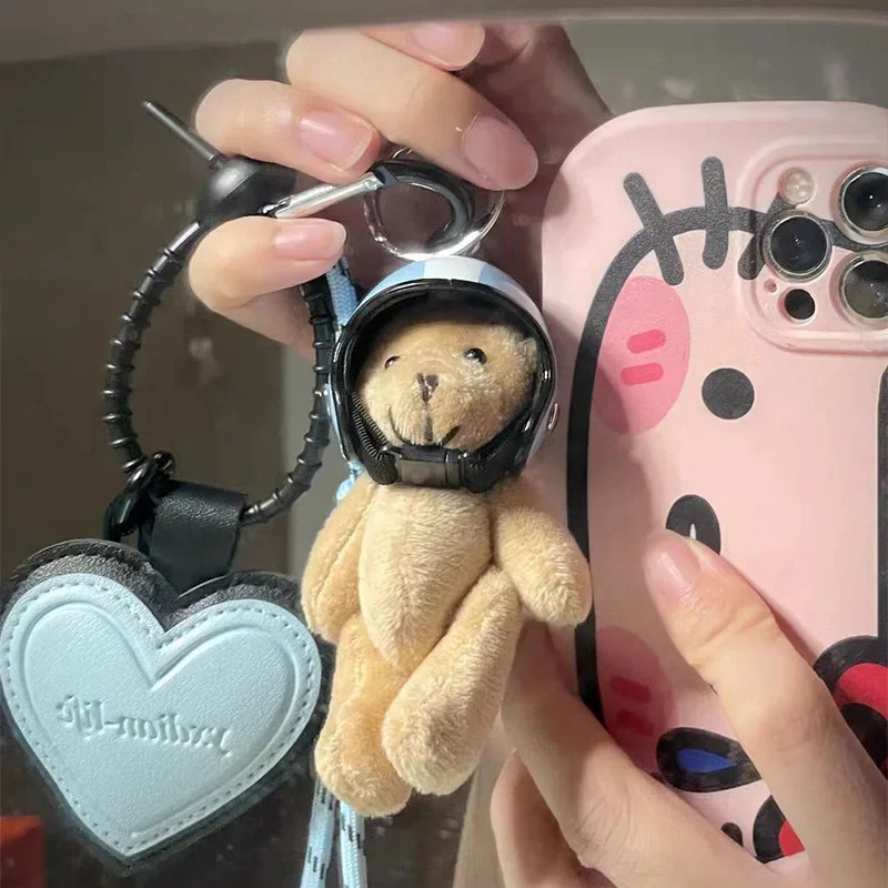 Cute Helmet Bear Pendant DIY Personality Car Key Chain Decoration Charm Woven Rope Hanging Mobile Phone Ring Bag Accessories 250311
