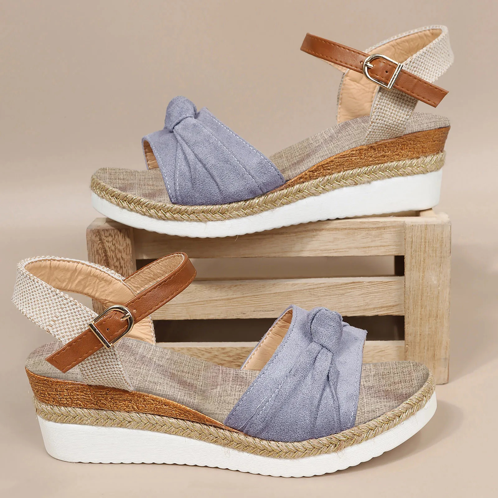 womens sandals summer 2024 Color Block Knot Detail Espadrille Strap Wedge Sandals For Women Casual Open Ladies shoes on sale 250305