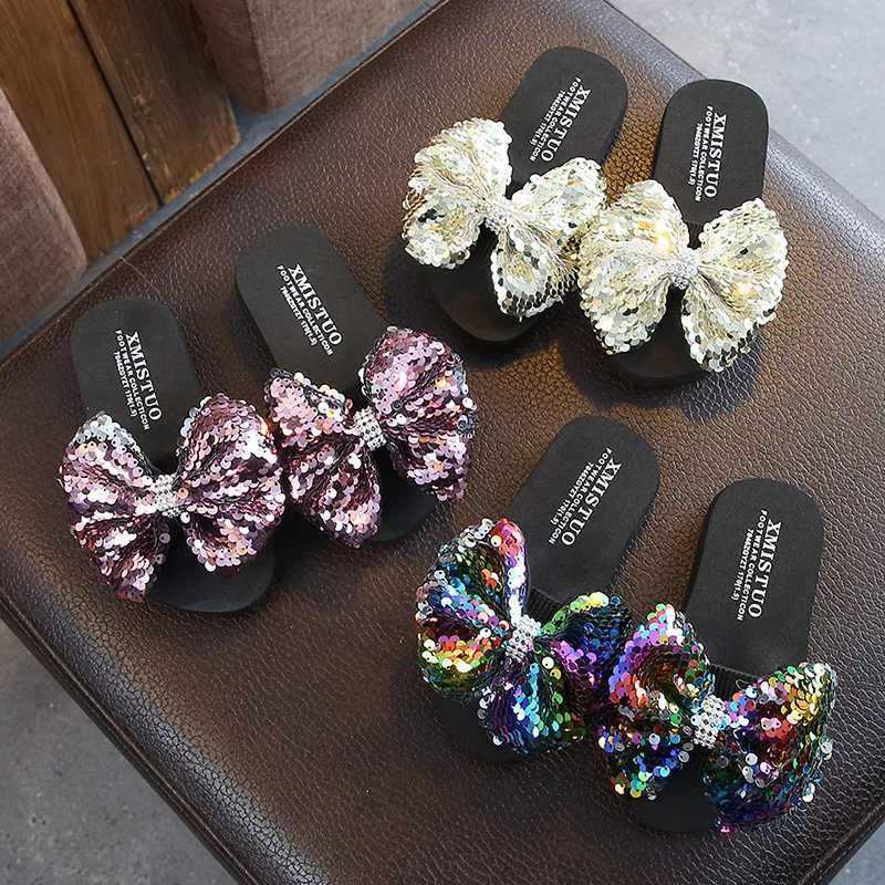 Fashion Sequin Bow Girl Slippers Princess Shoes Children Beach Slipper Girl Sandals Flats Non-slip Soft Kids SlippersT250311