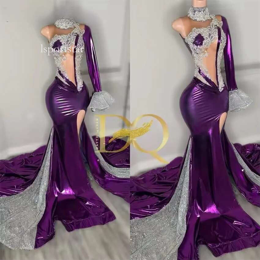 2025 Dark Purple Prom Dresses Leather Beading Dias Crystal Birthday Dress One Shoulder Robe Customized
