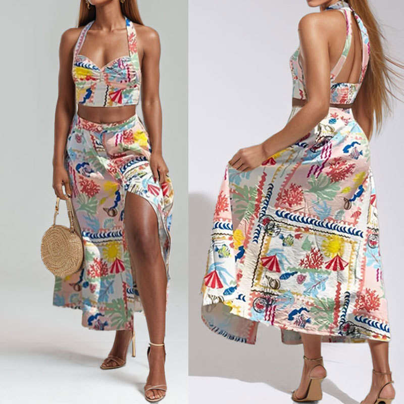 2025 Spring New Women's Neck Strap Printed Split Skirt Two Piece Set KLMY