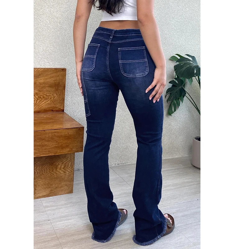 Huangs Sexy Butt Lifting Cargo Denim Chaps High Stretchy Slim Fit Raw Hem Bootcut Ladies Jeans Mid Waist Womens Pants T43 250311