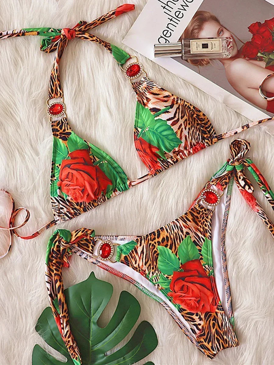Sexy Leopard Crystal Diamond Bikini Womens Swimsuit Strap Two Piece Set Brazilian 250310