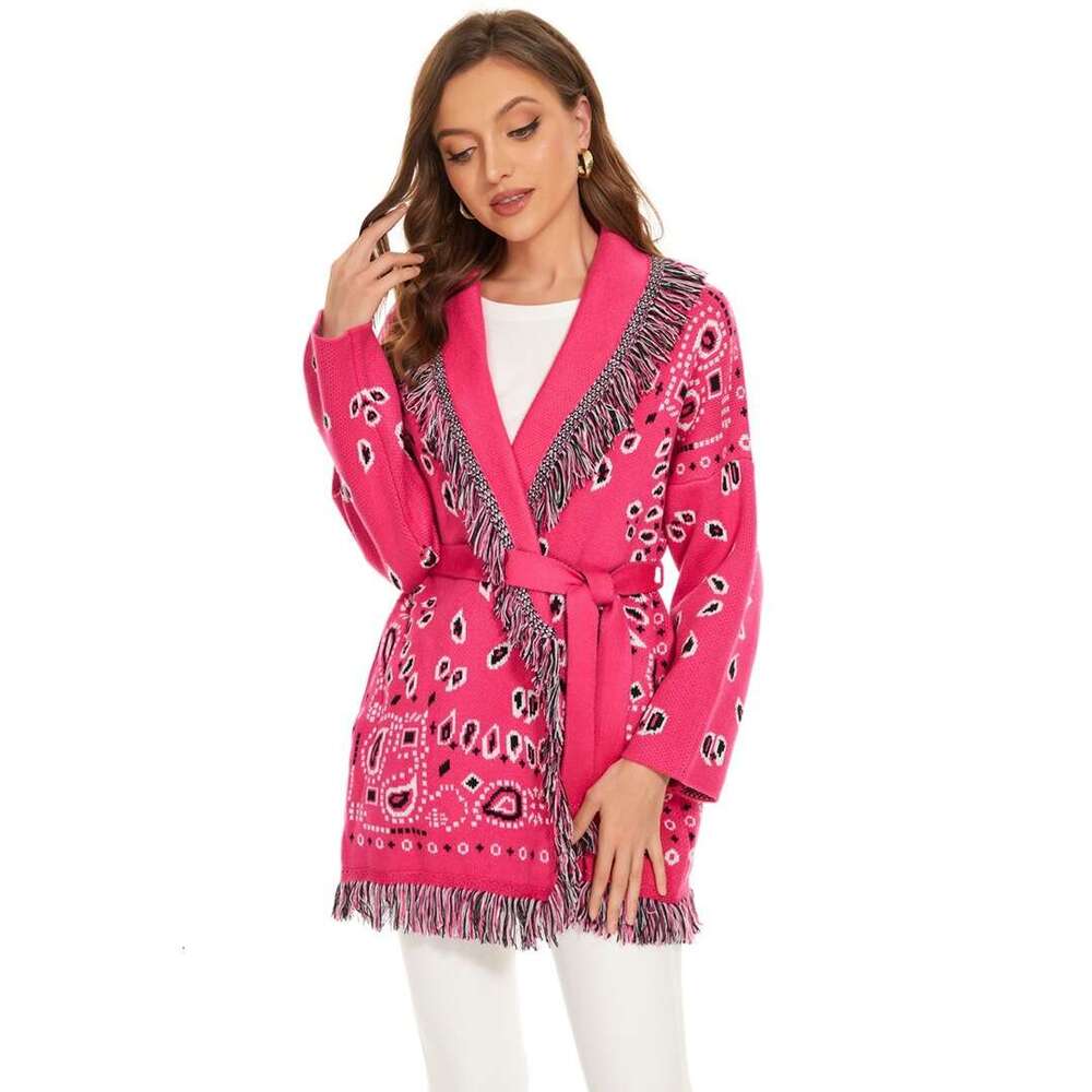 Fashionable Autumn And Winter Ethnic Style Jacquard Thick Sweater Cardigan Niche High-End Feeling Rose Red Tassel Jacket For Women