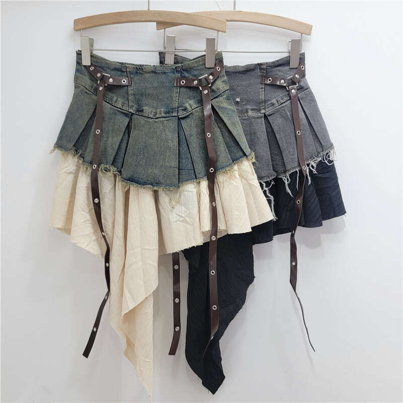 Splicing Denim Pleated Midi For Women's Autumn New Style Temperament Spicy Girl Fashionable High Waist Slimming A-Line Short Skirt