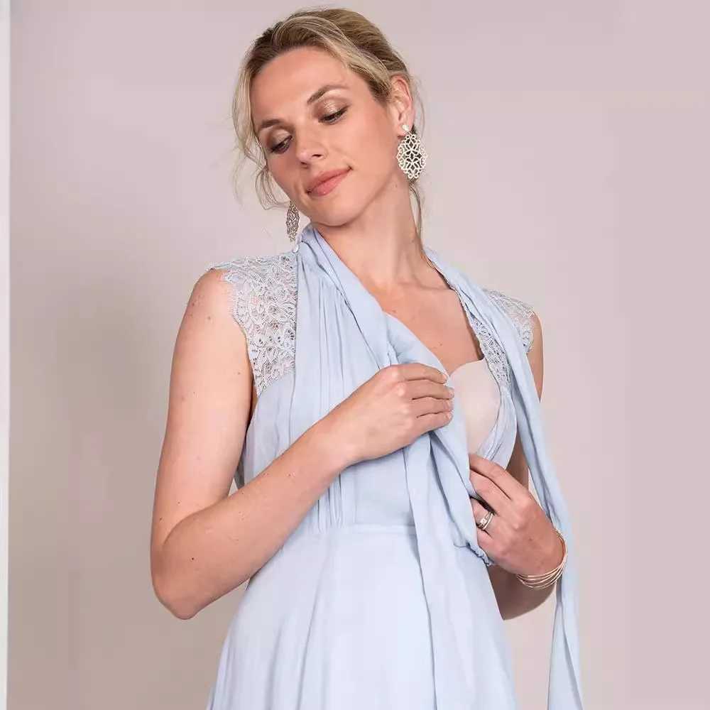 Pregnancy Dresses Elegance Maternity Clothing Nursing Dress Sleeveless Neckline Lace Sky Blue Round Neck Skirt Women Clothes X250224