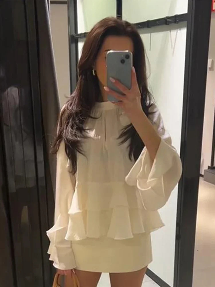 Elegant Long Puff Sleeve Female O Neck Blouses Fashion Chiffon Ruffled Shirts For Women Spring Chic Lady Tops Beachwear 250311