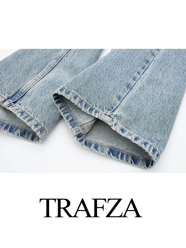 TRAFZA Womens Street Fashion Denim Blue Jeans Distressed Patchwork High Waist Zipper Fly Ripped Retro Long Pants 250311