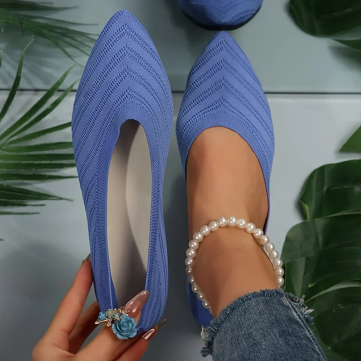 Pointed Toe Flat Office Boat Solid Color Knitted Slip on Casual Ballet Flats Shoes Women Loafers Zapatos De hot Mujer 250311