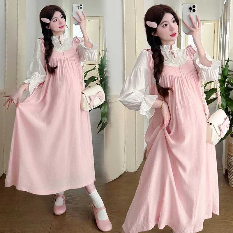 Plus Size Maternity Summer Dress with Pockets Pink Long Loose Pregnant Womens Strap Dresses Sweet Pregnancy Holiday ClothesT250311