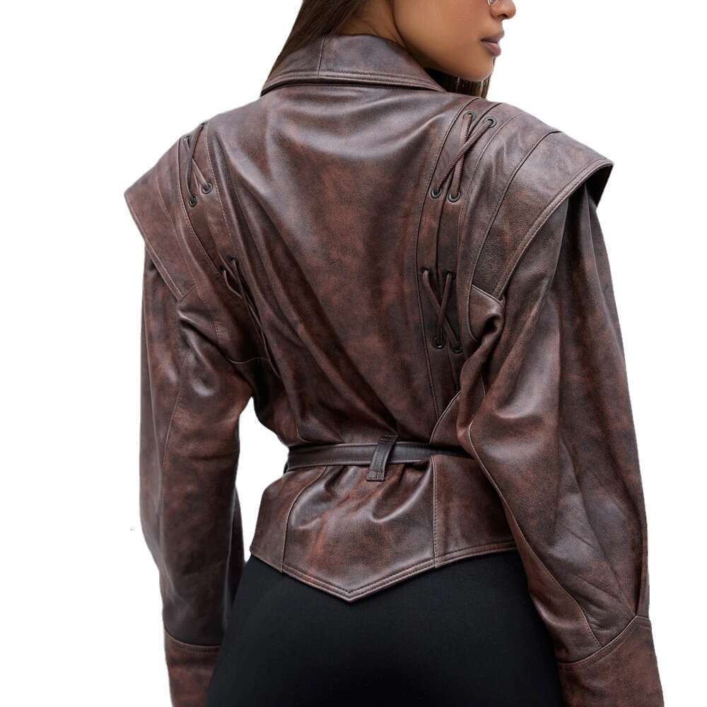 2024 Spring Women's Elegant V-Neck Slim Fit Splicing Solid Color Imitation Leather Jacket Coat