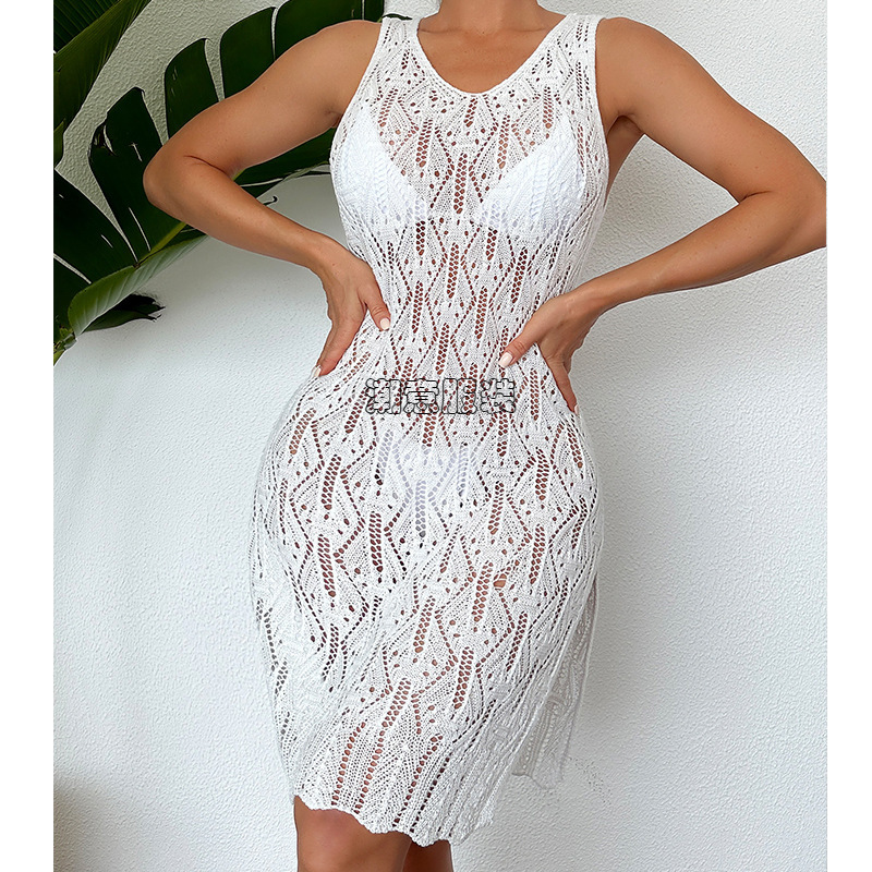 New Women's Mid To Long Sexy Hollow Solid Color Vest Dress, Fashionable Side Slit Beach Skirt