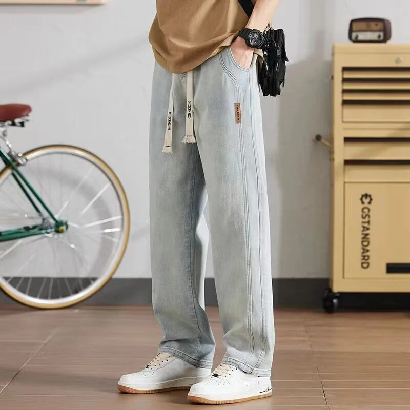 Spring Autumn Mens Stylish Sports Casual Denim Pants Baggy Wide Leg Streetwear Trousers Classic Elastic Waist Jeans 250311