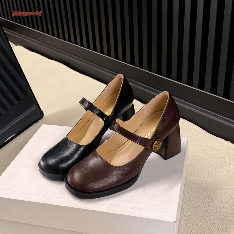 French High Heels Mary Jane 2024 Spring Edition Camellia Shallow Mouth Square Head Thick Heel Brown Single Shoes for Women ddmypanda