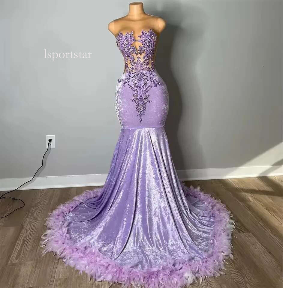 Lavender Veet Prom 2025 With Bead Rhies Evening Feathers Birthday Party Dress Customized