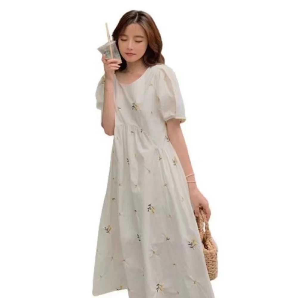 Pregnacy Dress Bowknot Dress Women Bubble Sleeves Chiffon Small Flower Printing Maternity Clothing Pregnant Woman ClothesT250311