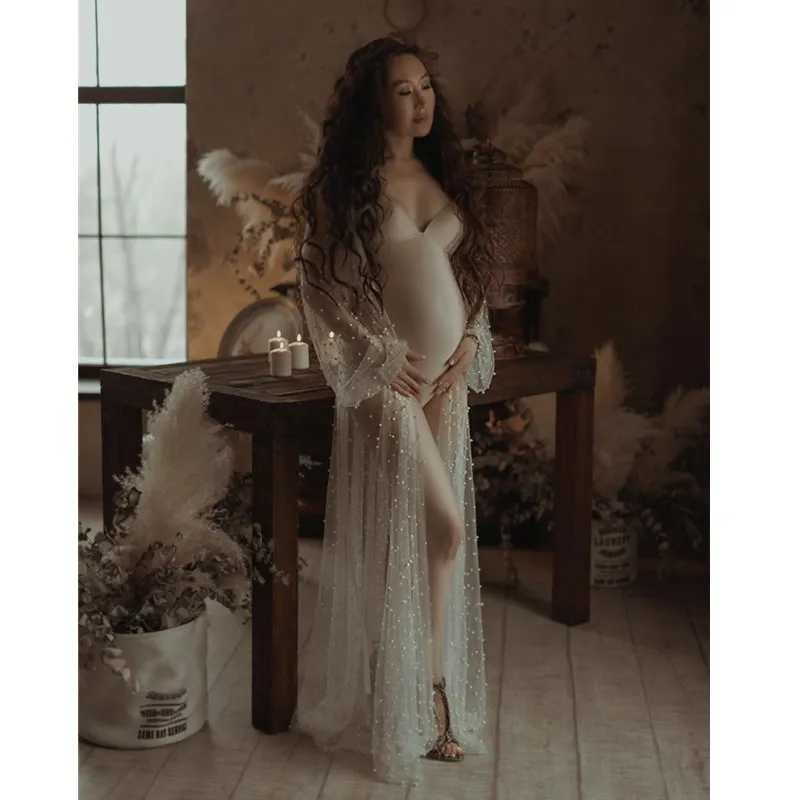 Sexy Perspective Pearl Maternity Photography Long Dress Full Sleeve Beading Tulle Long Dress for Pregnant Women Photo Shoot X250224