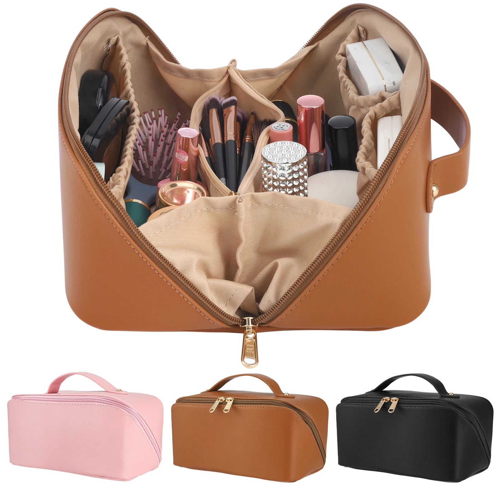 Travel makeup bag with divider and handle portable PU leather waterproof toilet large capacity womens 250311