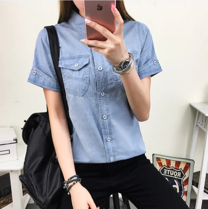 Wxw0138 Summer Cotton Denim Shirt Womens Short sleeved Slim fit Pre made Style Casual Jeans Basic 250311