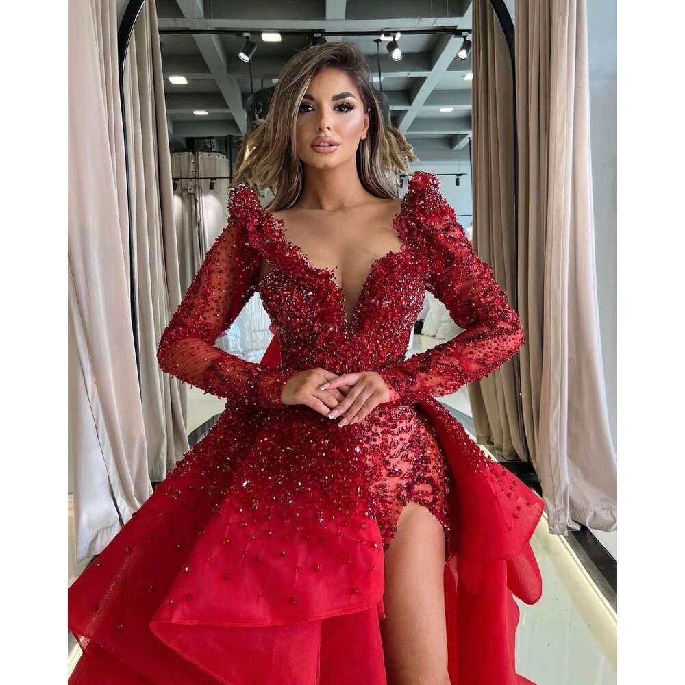 Red Mermaid Prom Dress, V-Neck Beading, Split High Side, Formal Evening Dresses