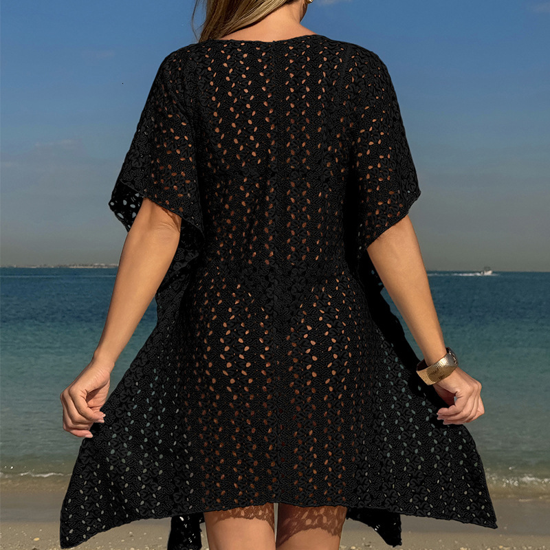 Women's Sexy Hollow Out Deep V-Neck Knitted Waist Cinched Sun Protection Beach Vacation Casual Hooded Skirt