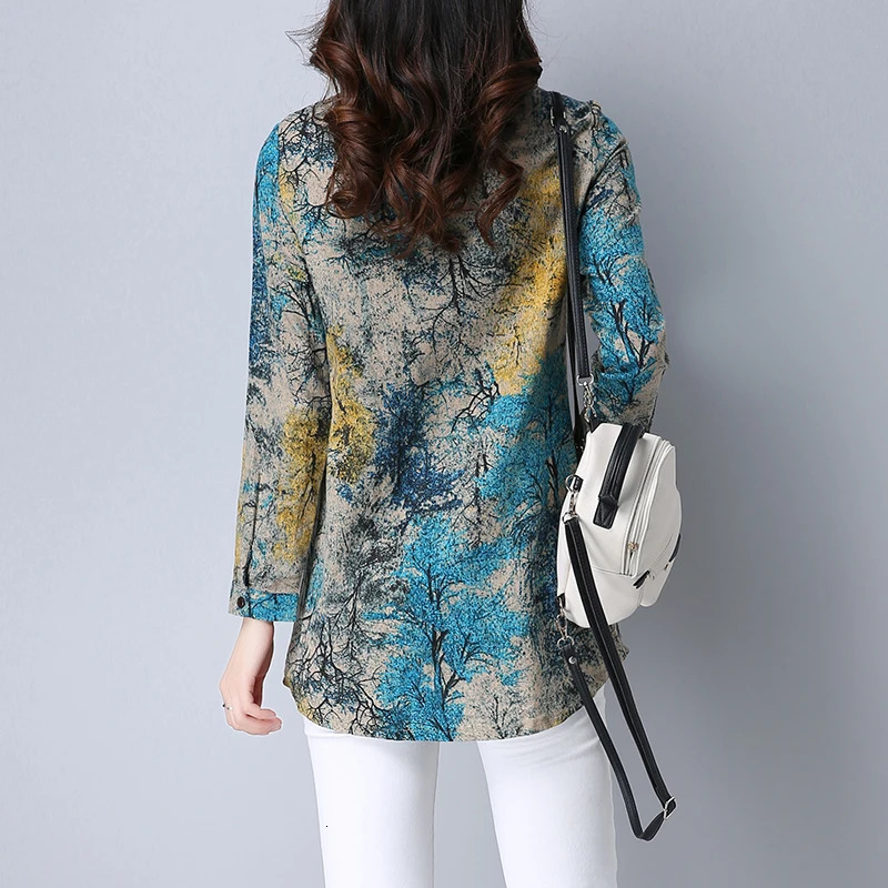 #0130 Long Sleeve Shirt Women Tie Dye Floral Print Cotton Linen Ladies Slim Casual Vintage Single Breasted 250311