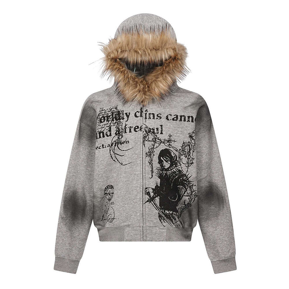 Jiayiku Men's 2025 New American Street Hairy Collar Hoodie Waste Soil Wind Stained Water Washed Cardigan Zipper Sweater
