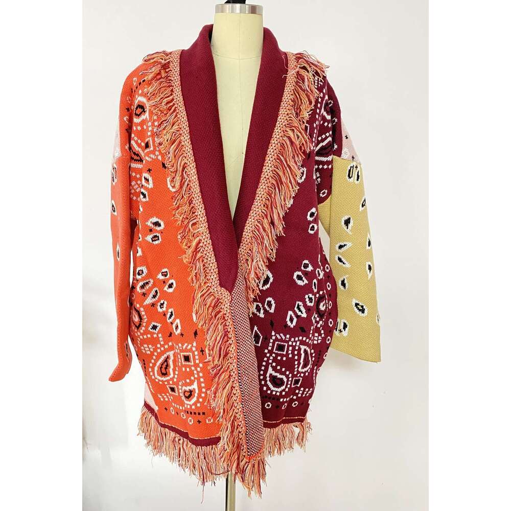 New Niche Bohemian Color Blocked Jacquard Sweater Cardigan Wool Blend Loose Knit Jacket
