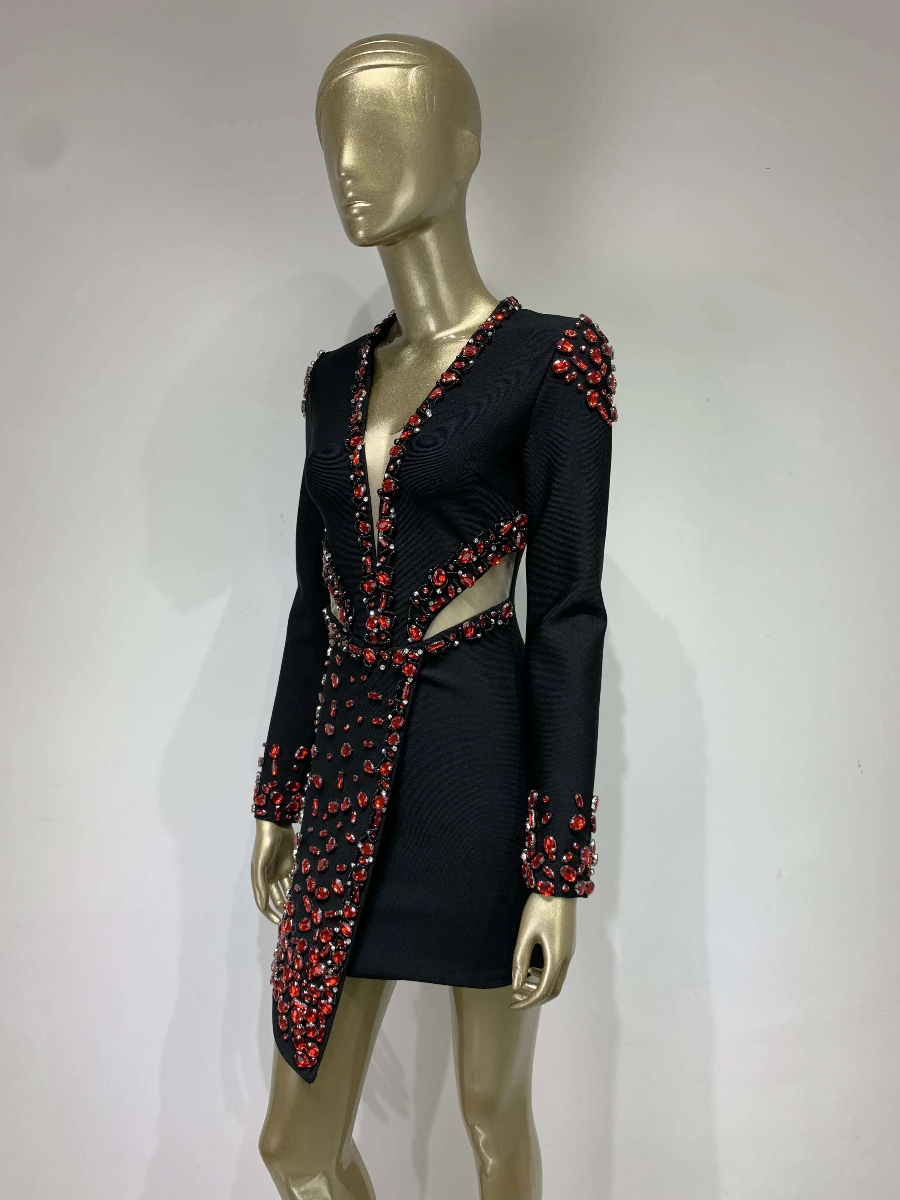 Women Celebrity Sexy Long Sleeve V Neck Rhie Beading Black Mini Bandage 2023 Elegant Evening Club Party Dress